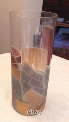 Vase en verre d'art moderniste signé A. Tabar, émaillé coupé, or, rouge, gris, inhabituel