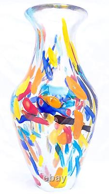 Vase en verre d'art multicolore à confettis en style Murano soufflé à la main de 10,5 pouces