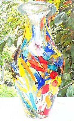 Vase en verre d'art multicolore à confettis en style Murano soufflé à la main de 10,5 pouces