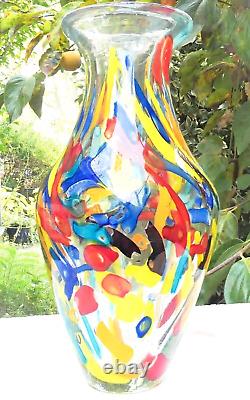 Vase en verre d'art multicolore à confettis en style Murano soufflé à la main de 10,5 pouces