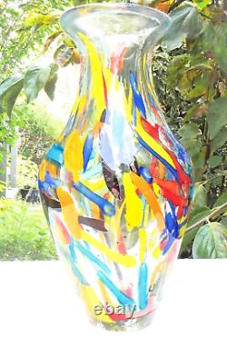 Vase en verre d'art multicolore à confettis en style Murano soufflé à la main de 10,5 pouces