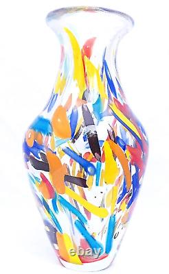 Vase en verre d'art multicolore à confettis en style Murano soufflé à la main de 10,5 pouces