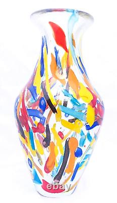 Vase en verre d'art multicolore à confettis en style Murano soufflé à la main de 10,5 pouces