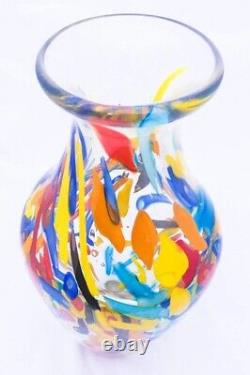 Vase en verre d'art multicolore à confettis en style Murano soufflé à la main de 10,5 pouces