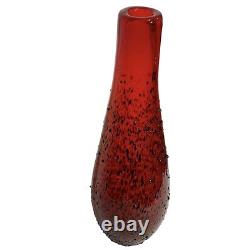 Vase en verre d'art rouge et noir vintage lourd de 15 pouces de hauteur en verre éclaboussé soufflé à la main lisse