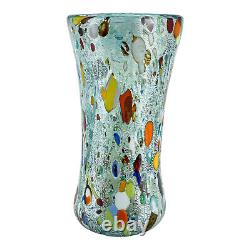 Vase en verre de Murano bleu clair multicolore fait main soufflé millefiori 25 cm