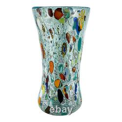Vase en verre de Murano bleu clair multicolore fait main soufflé millefiori 25 cm