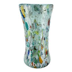 Vase en verre de Murano bleu clair multicolore fait main soufflé millefiori 25 cm