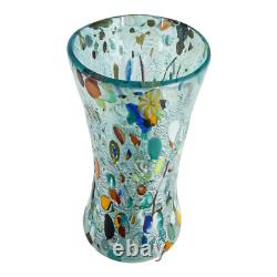 Vase en verre de Murano bleu clair multicolore fait main soufflé millefiori 25 cm