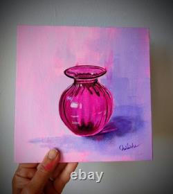 Vase en verre magenta' Peinture originale à l'acrylique sur panneau de toile