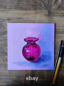 Vase en verre magenta' Peinture originale à l'acrylique sur panneau de toile