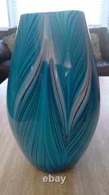 Vase en verre rétro vintage des années 1980 avec plumes de paon 15 grande pièce de collection