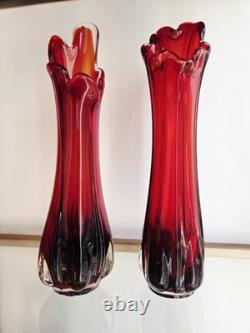 Vase en verre soufflé Murano rouge, clair et rubis, verre mélangé vintage milieu du siècle