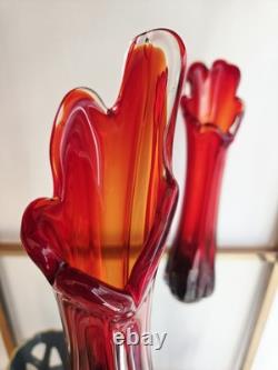 Vase en verre soufflé Murano rouge, clair et rubis, verre mélangé vintage milieu du siècle
