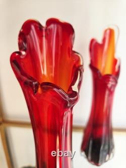 Vase en verre soufflé Murano rouge, clair et rubis, verre mélangé vintage milieu du siècle