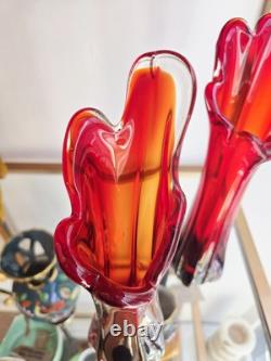 Vase en verre soufflé Murano rouge, clair et rubis, verre mélangé vintage milieu du siècle