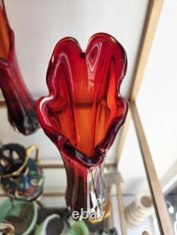 Vase en verre soufflé Murano rouge, clair et rubis, verre mélangé vintage milieu du siècle