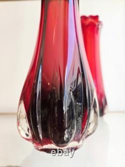 Vase en verre soufflé Murano rouge, clair et rubis, verre mélangé vintage milieu du siècle
