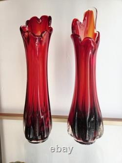 Vase en verre soufflé Murano rouge, clair et rubis, verre mélangé vintage milieu du siècle