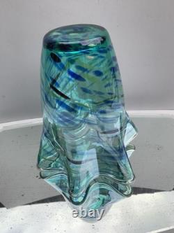 Vase en verre soufflé à éclaboussures turquoise en casé MURANO vintage grand modèle
