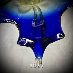 Vase en verre soufflé à la main Murano, dégradé bleu à jaune, 14 pouces de hauteur