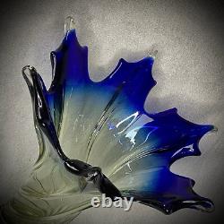 Vase en verre soufflé à la main Murano, dégradé bleu à jaune, 14 pouces de hauteur