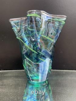 Vase en verre soufflé splatter turquoise en case Murano MCM vintage grand modèle