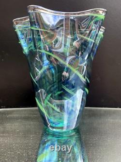 Vase en verre soufflé splatter turquoise en case Murano MCM vintage grand modèle
