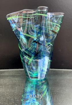 Vase en verre soufflé splatter turquoise en case Murano MCM vintage grand modèle