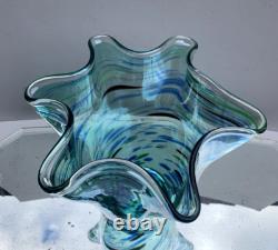 Vase en verre soufflé splatter turquoise en case Murano MCM vintage grand modèle