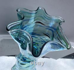 Vase en verre soufflé splatter turquoise en case Murano MCM vintage grand modèle