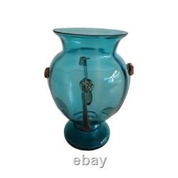 Vase en verre turquoise canard Art Nouveau embellie beau petit 12 cm vintage