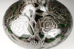 Vase en verre vert encadré d'argent de l'Art Nouveau américain époustouflant, Alvin Corp