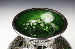 Vase en verre vert encadré d'argent de l'Art Nouveau américain époustouflant, Alvin Corp