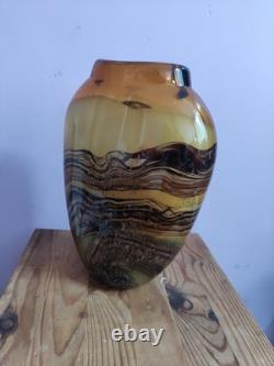 Vase large en verre d'art de studio marbré marron/beige fait main par Don Bagwell