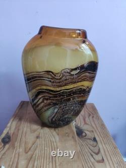 Vase large en verre d'art de studio marbré marron/beige fait main par Don Bagwell