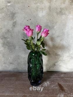 Vase large en verre vintage de Skrdlovice par Pavel Hlava, vert et améthyste englobé