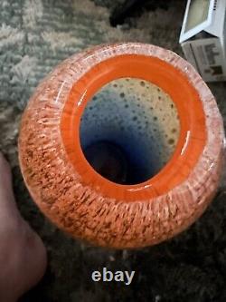 Vase lumineux inspiré norvégien en verre d'art orange/bleu mcm