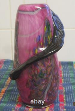 Vase multicolore soufflé à la main J. SANTOS avec serpent appliqué, pièce unique