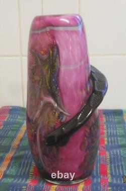Vase multicolore soufflé à la main J. SANTOS avec serpent appliqué, pièce unique