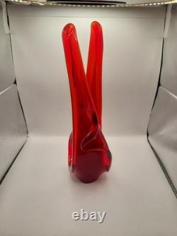 Vase panier en verre d'art style MCM Viartec vintage 13,5 rouge orange lueur au cadmium
