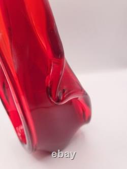 Vase panier en verre d'art style MCM Viartec vintage 13,5 rouge orange lueur au cadmium