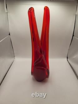 Vase panier en verre d'art style MCM Viartec vintage 13,5 rouge orange lueur au cadmium