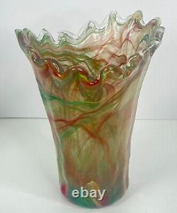 Vase plissé en verre d'art avec tourbillon vert et rouge, vintage, unique et rare