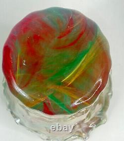 Vase plissé en verre d'art avec tourbillon vert et rouge, vintage, unique et rare