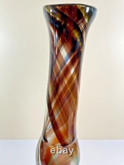 Vase unique en verre soufflé à la main, funky et tourbillonnant, décoration d'intérieur, marron, rouge, vert, bleu.