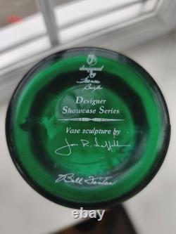 Vase vintage en verre d’art irisé vert émeraude, peint à la main et signé Fenton USA