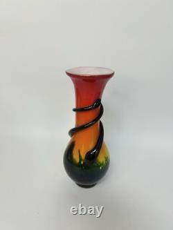 Vase vintage en verre de Murano 22 cm rouge orange jaune noir spirale ruban soufflé à la main