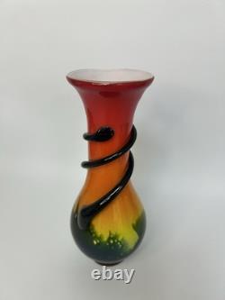 Vase vintage en verre de Murano 22 cm rouge orange jaune noir spirale ruban soufflé à la main
