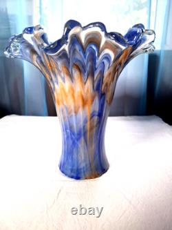 Vase vintage luxueux en verre d’art Murano multicolore avec dominante bleu doux